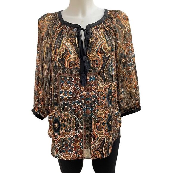 ANTHROPOLOGIE‎ MEADOW RUE BLACK CHIFFON PAISLEY PEASANT BLOUSE LINED SZ small - Picture 1 of 10